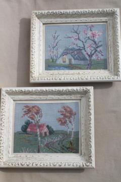 catalog photo of vintage needlepoint pictures, shabby chic country scenes in white painted wood frames
