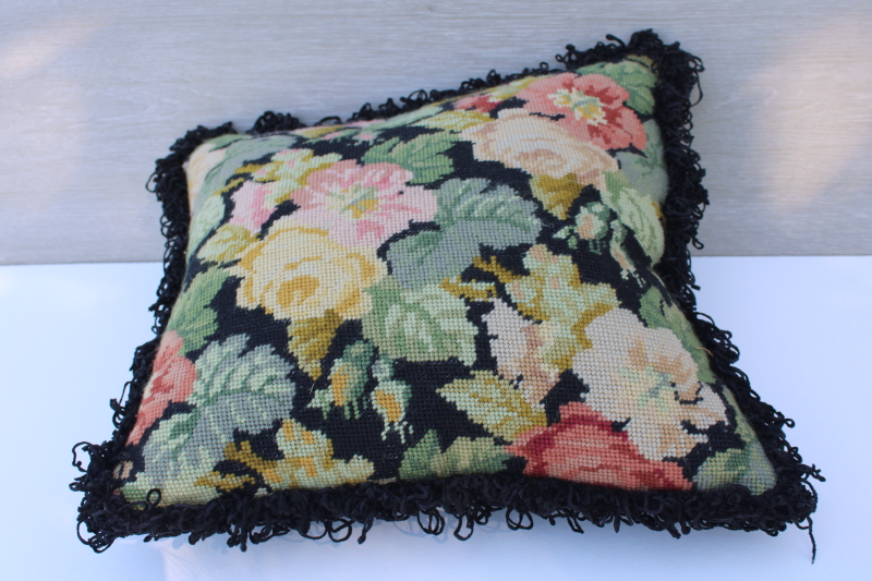 photo of vintage needlepoint pillow Victorian style floral on black w/ fringe, feather insert #1