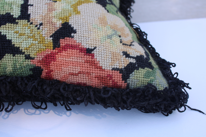photo of vintage needlepoint pillow Victorian style floral on black w/ fringe, feather insert #3