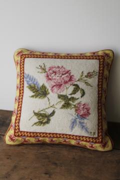 catalog photo of vintage needlepoint pillow chinoiserie floral, zipper cover w/ cotton velvet backing fabric 