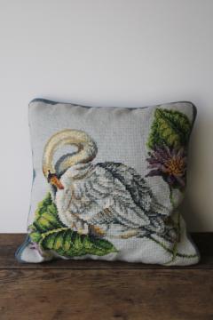 catalog photo of vintage needlepoint pillow white swan w/ flowers, zipper cover w/ cotton velvet backing fabric 