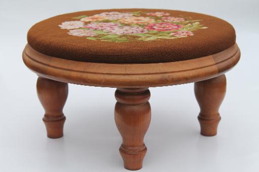 photo of vintage needlepoint seat stool or hassock, rock maple hardwood footstool w/ turned legs #1