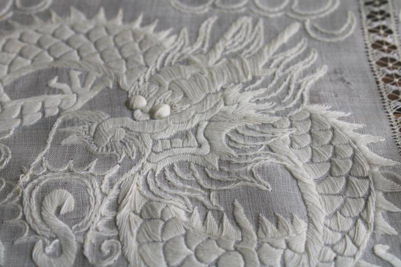 photo of vintage needlework, Chinese dragon embroidered cotton whitework w/ drawn thread #2