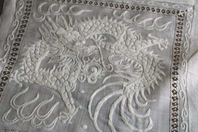 photo of vintage needlework, Chinese dragon embroidered cotton whitework w/ drawn thread #9