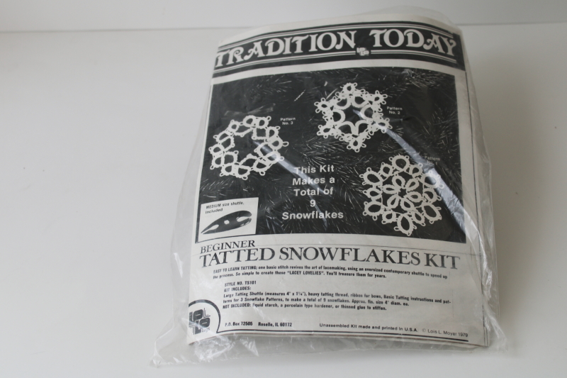 photo of vintage needlework kit, learn tatting instructions w/ tatted lace snowflakes pattern & shuttle  #1