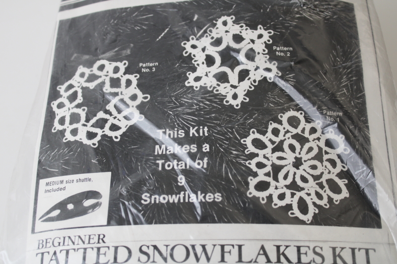 photo of vintage needlework kit, learn tatting instructions w/ tatted lace snowflakes pattern & shuttle  #2