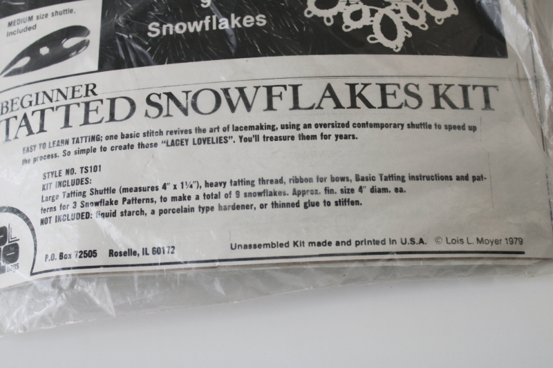 photo of vintage needlework kit, learn tatting instructions w/ tatted lace snowflakes pattern & shuttle  #3