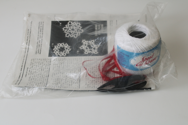 photo of vintage needlework kit, learn tatting instructions w/ tatted lace snowflakes pattern & shuttle  #4