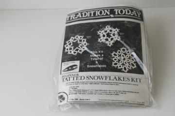 vintage needlework kit, learn tatting instructions w/ tatted lace snowflakes pattern & shuttle 