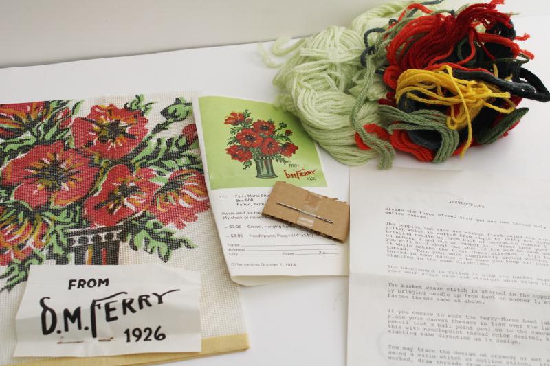 photo of vintage needlework kit, needlepoint persian wool yarn & canvas, Ferry flower seed illustration  #1