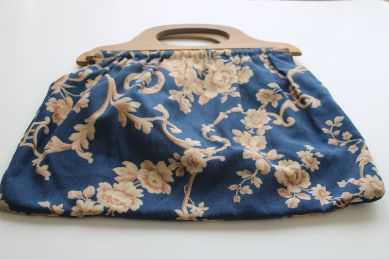 photo of vintage needlework or knitting bag, blue & brown floral print cotton w/ wood purse handles #1