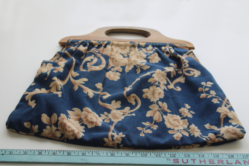 photo of vintage needlework or knitting bag, blue & brown floral print cotton w/ wood purse handles  #2