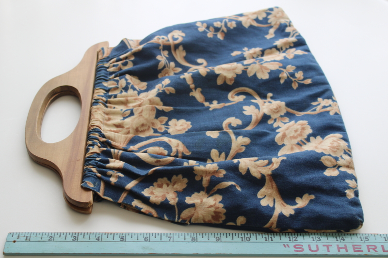 photo of vintage needlework or knitting bag, blue & brown floral print cotton w/ wood purse handles  #3