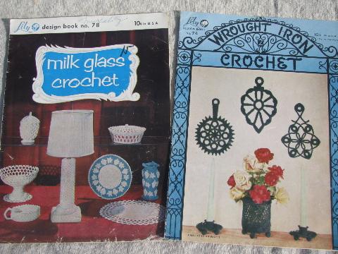 photo of vintage needlework pattern booklets lot, milk glass / wrought iron crochet #1