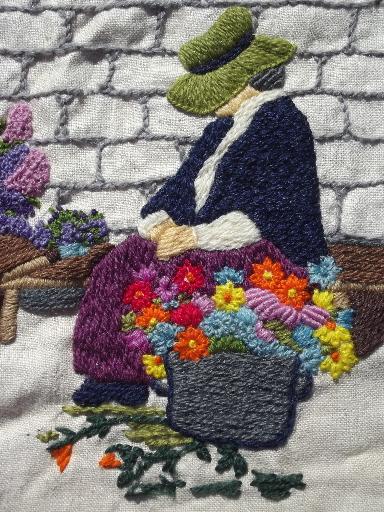 photo of vintage needlework picture, flower peddler lady, embroidered wool on linen #2