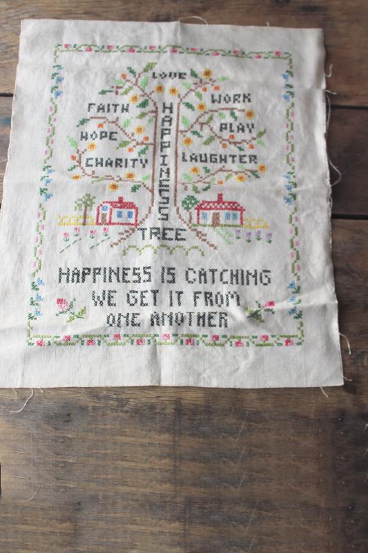 photo of vintage needlework sampler, Happiness is Catching cross stitch embroidery on linen #1