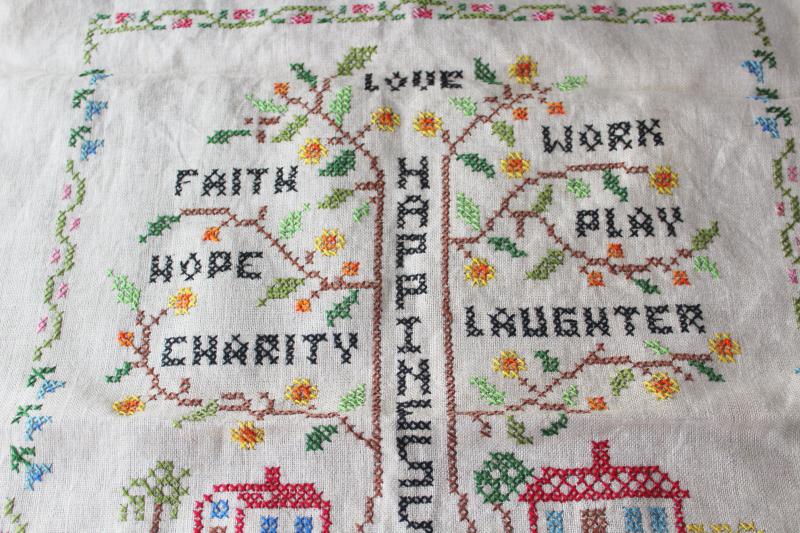 photo of vintage needlework sampler, Happiness is Catching cross stitch embroidery on linen #3