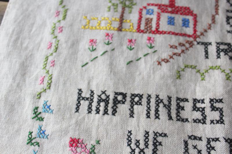 photo of vintage needlework sampler, Happiness is Catching cross stitch embroidery on linen #4