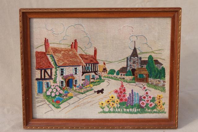 photo of vintage needlework sampler paper print, framed English village scene w/ cottage gardens #1