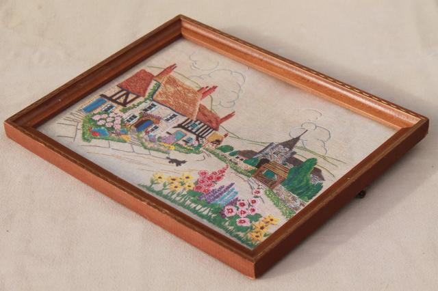 photo of vintage needlework sampler paper print, framed English village scene w/ cottage gardens #3