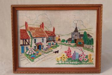 catalog photo of vintage needlework sampler paper print, framed English village scene w/ cottage gardens