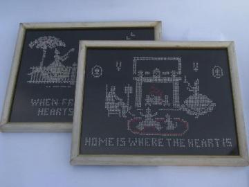 catalog photo of vintage needlework samplers, cross-stitch embroidery motto, home is where the heart is