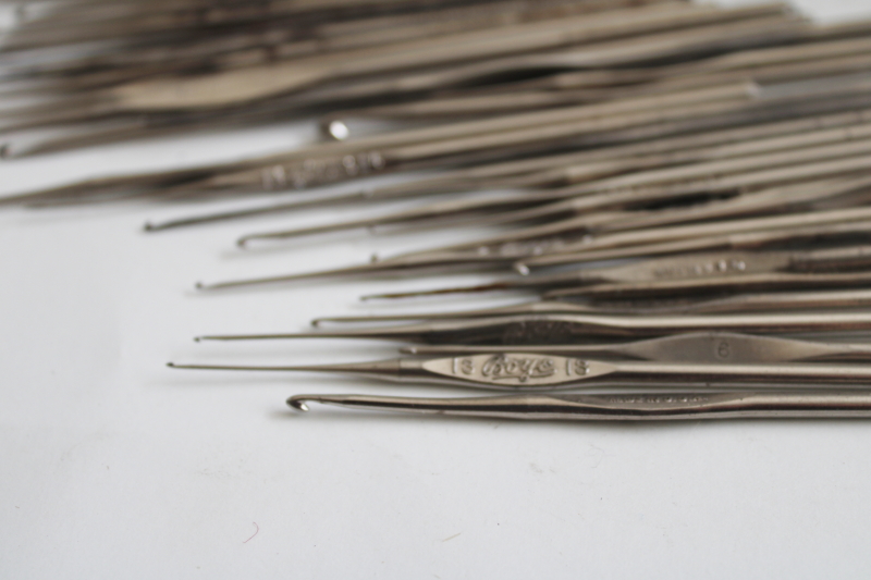 photo of vintage needlework tools, tiny steel crochet hooks for lace making crocheted edgings #2