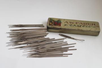 catalog photo of vintage needlework tools, tiny steel crochet hooks for lace making crocheted edgings