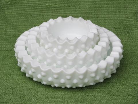 photo of vintage nesting ashtrays set, Fenton hobnail milk glass ashtray stack #1