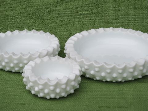 photo of vintage nesting ashtrays set, Fenton hobnail milk glass ashtray stack #2