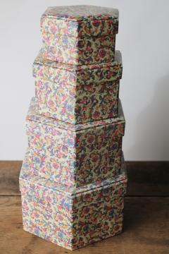 vintage nesting storage boxes, mini hat boxes w/ florentine style floral wallpaper print 