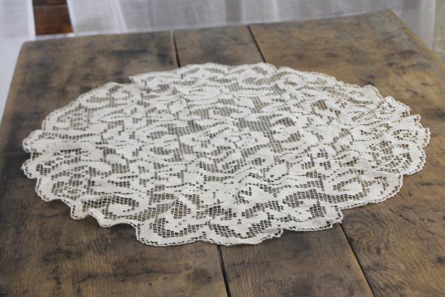 photo of vintage net darning lace, large oval doily or mat, lamp table cover #1