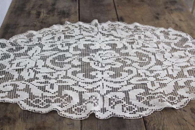 photo of vintage net darning lace, large oval doily or mat, lamp table cover #2