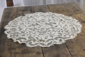 catalog photo of vintage net darning lace, large oval doily or mat, lamp table cover