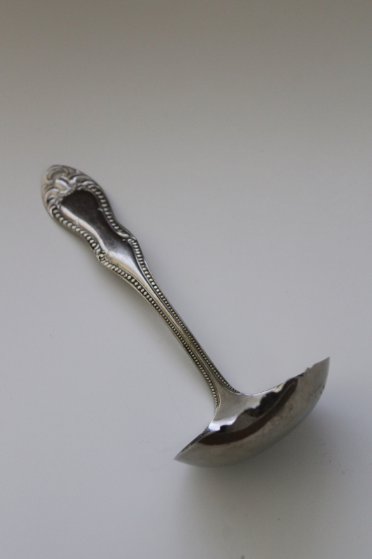photo of vintage nickel plated berry spoon, scalloped edge ladle w/ ornate beaded edge handle #1