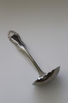 catalog photo of vintage nickel plated berry spoon, scalloped edge ladle w/ ornate beaded edge handle