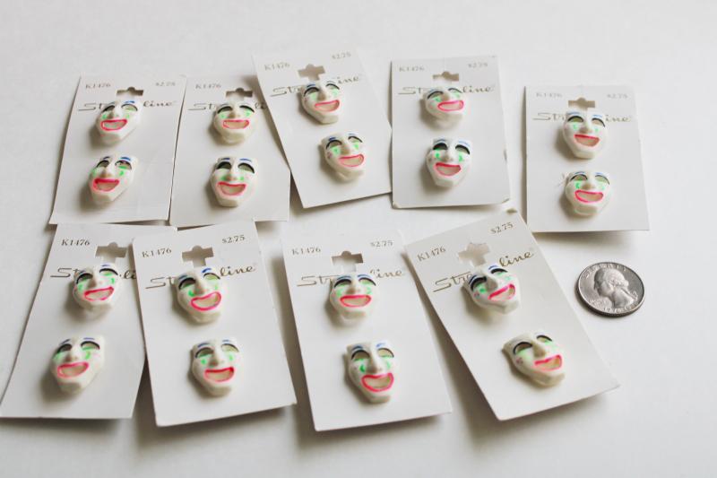 photo of vintage novelty buttons for sewing or crafts, carnival masquerade theatre masks #1