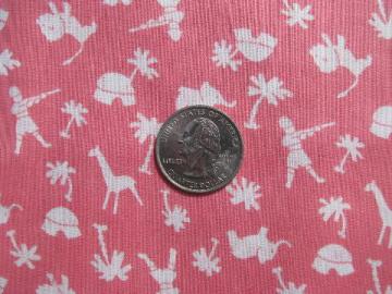 catalog photo of vintage novelty print cotton fabric, elephants, giraffes, lions on pink