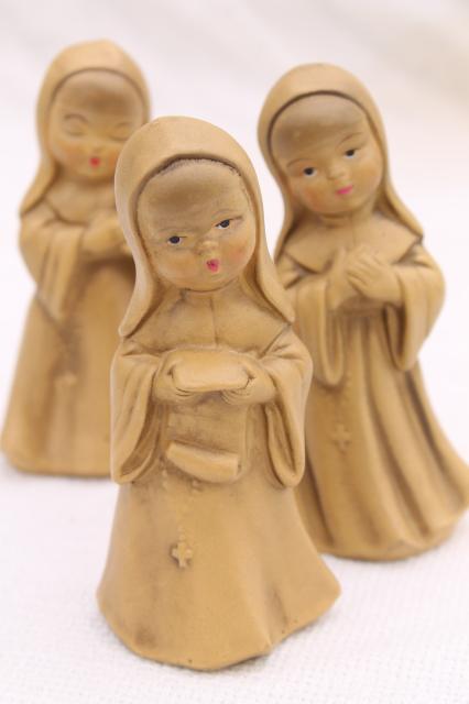 photo of vintage nun figurines, composition or papier mache nuns creche figures #1