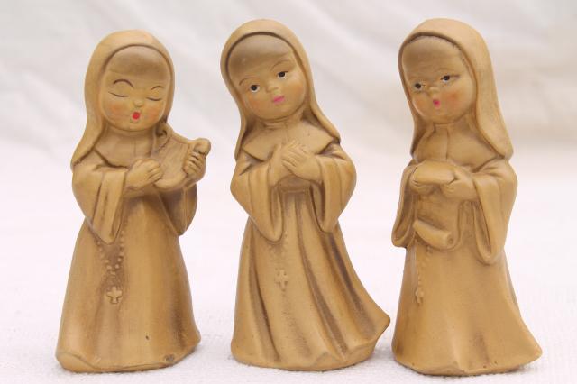 photo of vintage nun figurines, composition or papier mache nuns creche figures #3