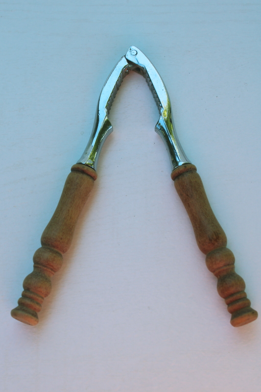 photo of vintage nut cracker w/ natural wood handles, pliers type hand nutcracker  #2