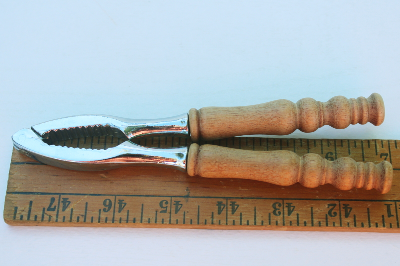 photo of vintage nut cracker w/ natural wood handles, pliers type hand nutcracker  #3