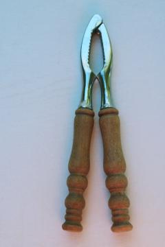 catalog photo of vintage nut cracker w/ natural wood handles, pliers type hand nutcracker 
