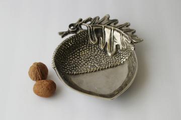 catalog photo of vintage nut dish, oak leaf acorn shaped cast metal bowl w/ silvery finish