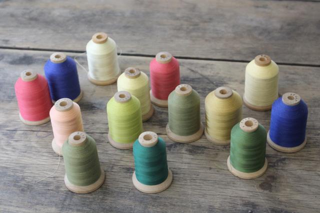 photo of vintage nylon sewing thread in jewel colors on big old wooden spools #2