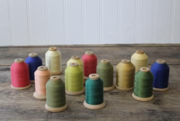 vintage nylon sewing thread in jewel colors on big old wooden spools