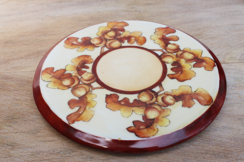 photo of vintage oak leaf & acorn hand painted china trivet plate, round riser stand #1