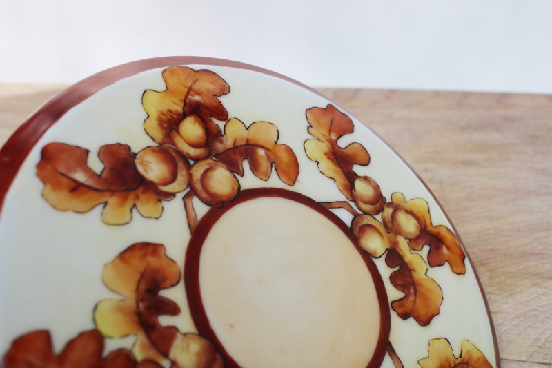 photo of vintage oak leaf & acorn hand painted china trivet plate, round riser stand #2