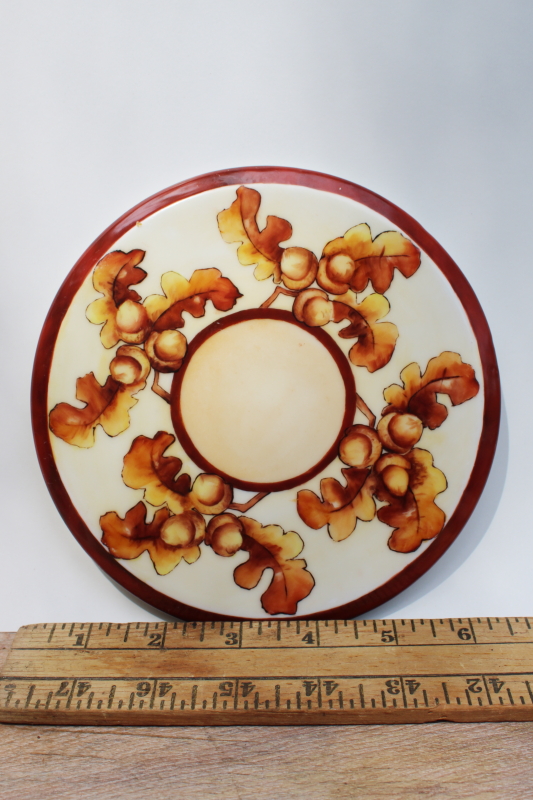 photo of vintage oak leaf & acorn hand painted china trivet plate, round riser stand #4