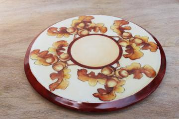 catalog photo of vintage oak leaf & acorn hand painted china trivet plate, round riser stand